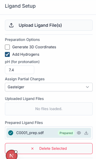 Uploaded ligand file listed