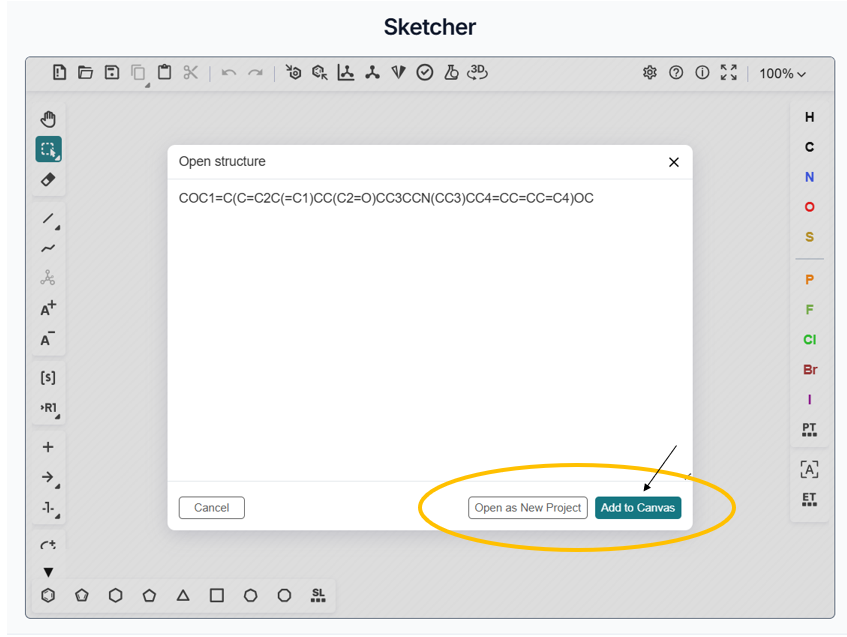SMILES pasting window of Sketcher